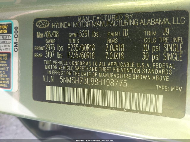 45079054 :رقم المزاد ، 5NMSH73E88H198775 vin ، 2008 Hyundai Santa Fe Limited/se مزاد بيع