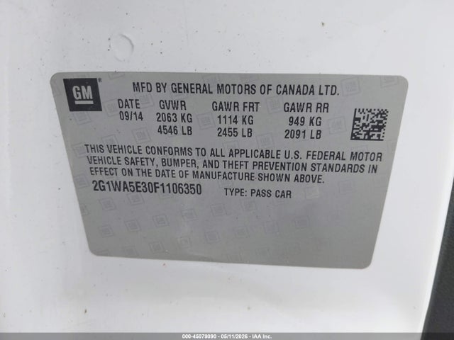 Aukcja sprzedaży 2015 Chevrolet Impala Limited Ls, vin: 2G1WA5E30F1106350, numer aukcji: 45079090