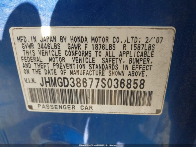 45079105 :رقم المزاد ، JHMGD38677S036858 vin ، 2007 Honda Fit Sport مزاد بيع