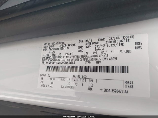 2018 Ford Transit-150 Xl მანქანა იყიდება აუქციონზე, vin: 1FMZK1ZM6JKB42562, აუქციონის ნომერი: 45079119