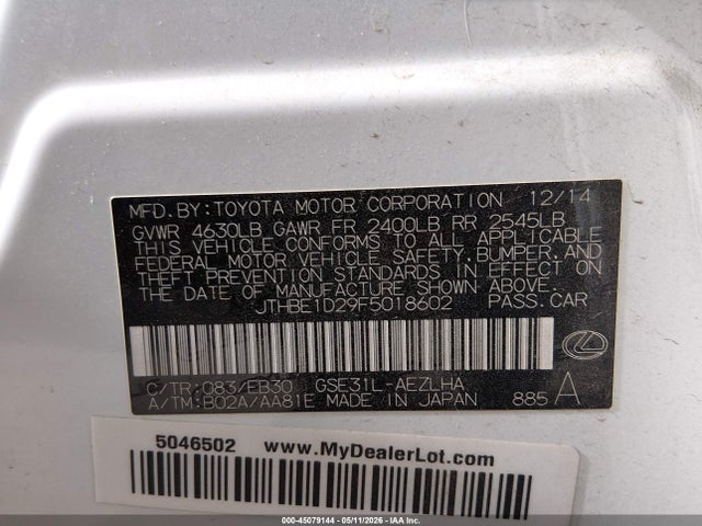 Aukcja sprzedaży 2015 Lexus Is 350, vin: JTHBE1D29F5018602, numer aukcji: 45079144