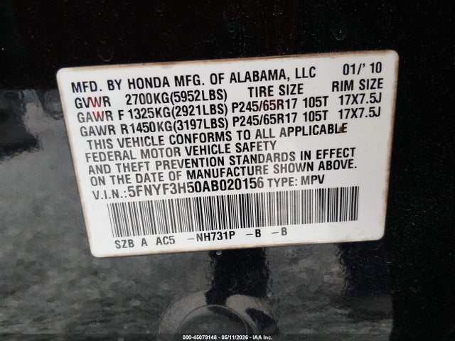 2010 Honda Pilot Ex-l მანქანა იყიდება აუქციონზე, vin: 5FNYF3H50AB020156, აუქციონის ნომერი: 45079148