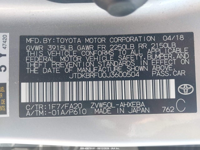 JTDKBRFU0J3600504 Toyota Prius Two
