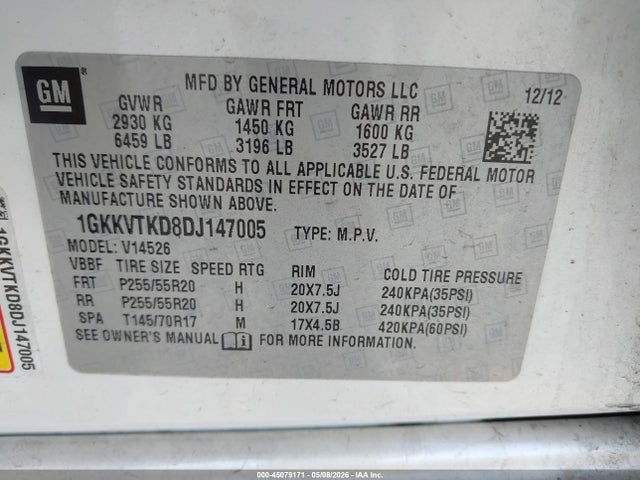 45079171 :رقم المزاد ، 1GKKVTKD8DJ147005 vin ، 2013 Gmc Acadia Denali مزاد بيع