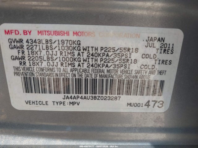 45079177 :رقم المزاد ، JA4AP4AU3BZ023287 vin ، 2011 Mitsubishi Outlander Sport Se مزاد بيع