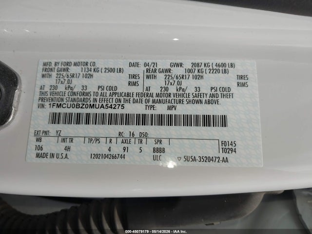 Auction sale of the 2021 Ford Escape Se Hybrid, vin: 1FMCU0BZ0MUA54275, lot number: 45079179
