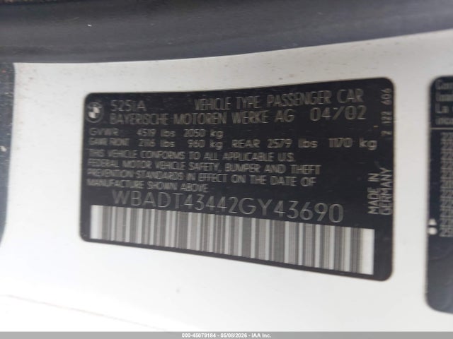 Продажа на аукционе авто 2002 Bmw 525ia, vin: WBADT43442GY43690, номер лота: 45079184