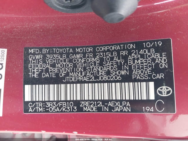Aukcja sprzedaży 2020 Toyota Corolla Le, vin: JTDEPRAE2LJ080206, numer aukcji: 45079189