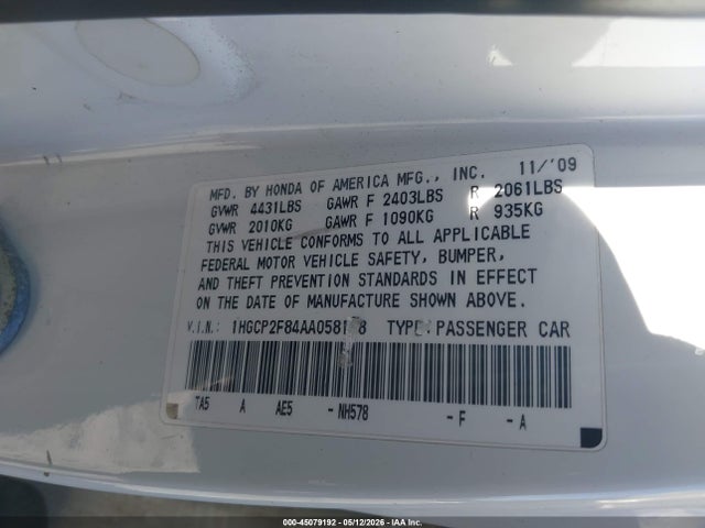 Продажа на аукционе авто 2010 Honda Accord 2.4 Ex-l, vin: 1HGCP2F84AA058188, номер лота: 45079192