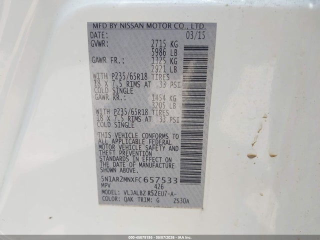 2015 Nissan Pathfinder S მანქანა იყიდება აუქციონზე, vin: 5N1AR2MNXFC657533, აუქციონის ნომერი: 45079195