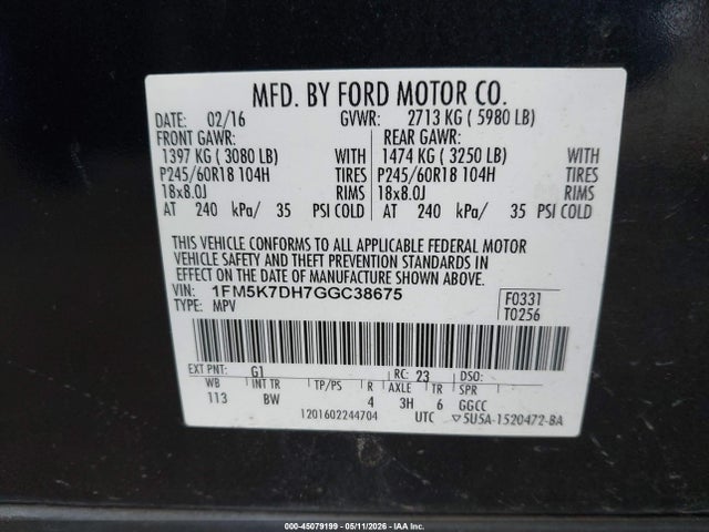 1FM5K7DH7GGC38675 Ford EXPLORER XLT