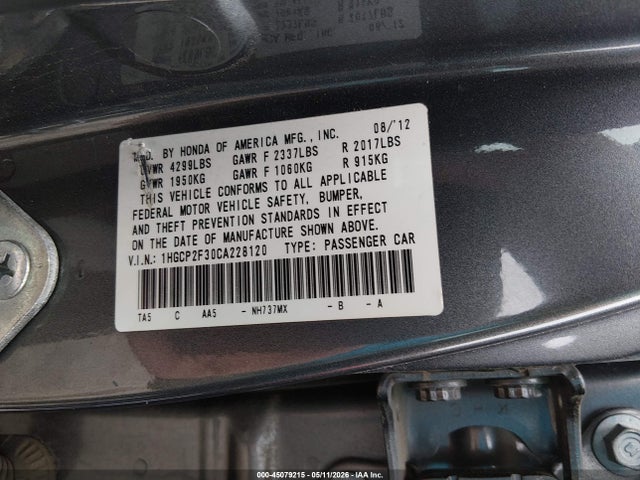 2012 Honda Accord 2.4 Lx მანქანა იყიდება აუქციონზე, vin: 1HGCP2F30CA228120, აუქციონის ნომერი: 45079215