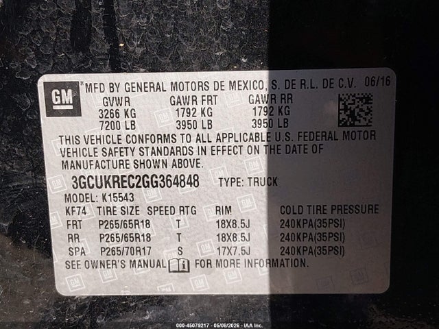 45079217 :رقم المزاد ، 3GCUKREC2GG364848 vin ، 2016 Chevrolet Silverado 1500 1lt مزاد بيع