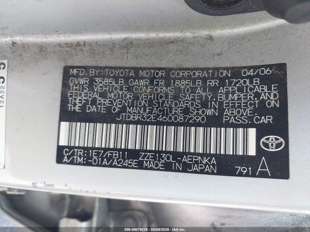Aukcja sprzedaży 2006 Toyota Corolla Le, vin: JTDBR32E460087290, numer aukcji: 45079235