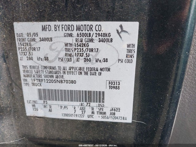 Aukcja sprzedaży 2005 Ford F-150 Stx/xl/xlt, vin: 1FTRF12205NB70380, numer aukcji: 45079237