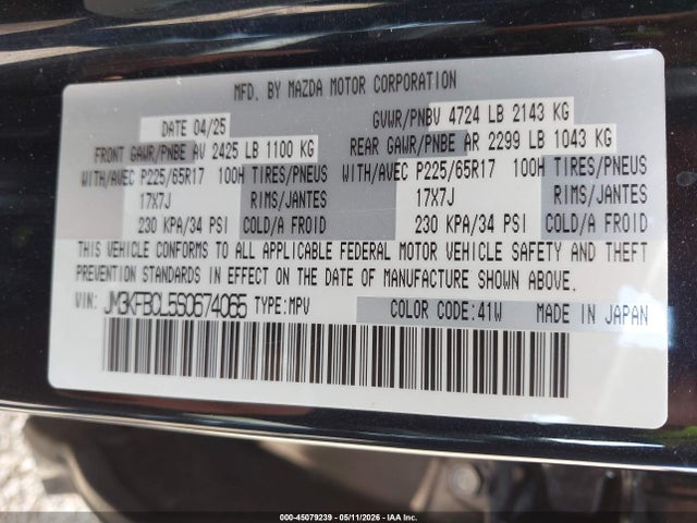 45079239 :رقم المزاد ، JM3KFBCL5S0674065 vin ، 2025 Mazda Cx-5 2.5 S Preferred مزاد بيع
