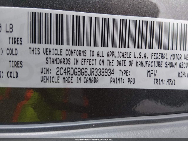 Продажа на аукционе авто 2018 Dodge Grand Caravan Se, vin: 2C4RDGBG6JR339934, номер лота: 45079242