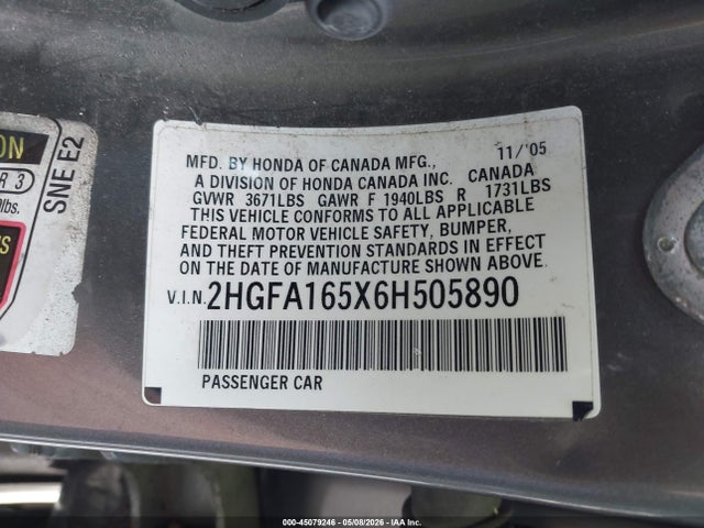 2006 Honda Civic Lx მანქანა იყიდება აუქციონზე, vin: 2HGFA165X6H505890, აუქციონის ნომერი: 45079246