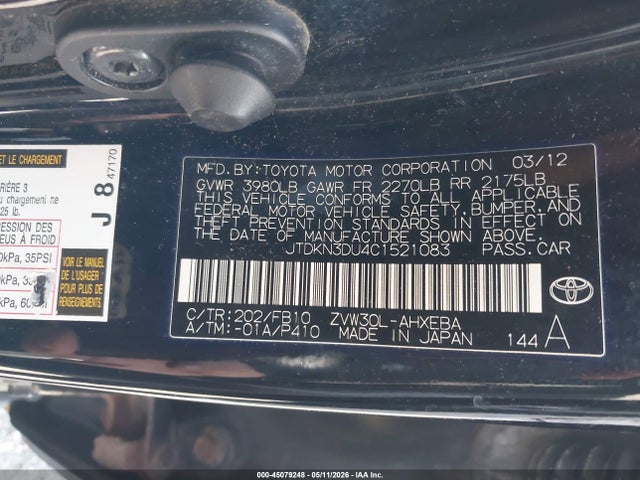 45079248 :رقم المزاد ، JTDKN3DU4C1521083 vin ، 2012 Toyota Prius مزاد بيع