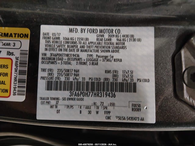Продаж на аукціоні авто 2017 Ford Fusion Se, vin: 3FA6P0H77HR319436, номер лоту: 45079258