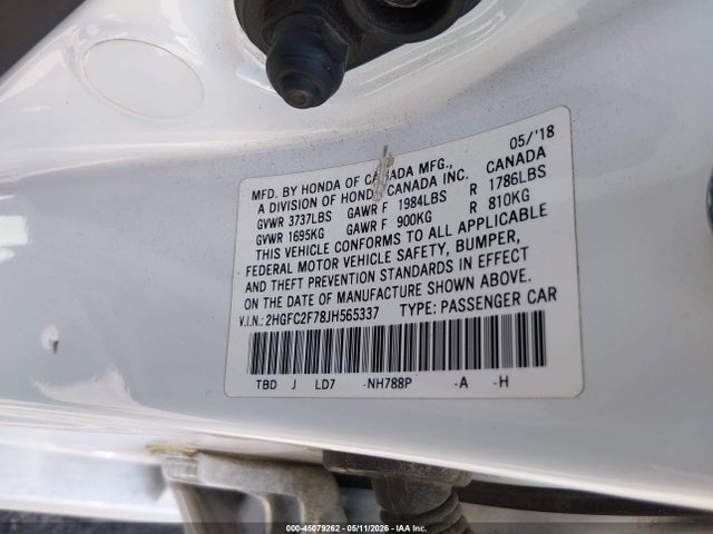 Продажа на аукционе авто 2018 Honda Civic Ex, vin: 2HGFC2F78JH565337, номер лота: 45079262