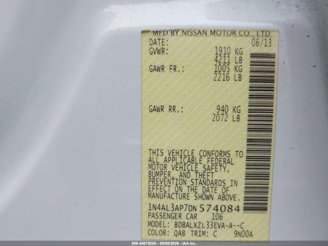 45079288 :رقم المزاد ، 1N4AL3AP7DN574084 vin ، 2013 Nissan Altima 2.5 Sl مزاد بيع