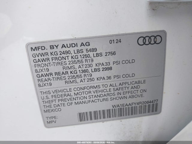 Aukcja sprzedaży 2024 Audi Q5 Premium Plus 45 Tfsi S Line Quattro, vin: WA1EAAFY4R2064477, numer aukcji: 45079293