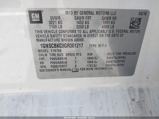 Продаж на аукціоні авто 2016 Chevrolet Tahoe Lt, vin: 1GNSCBKC8GR361217, номер лоту: 45079295