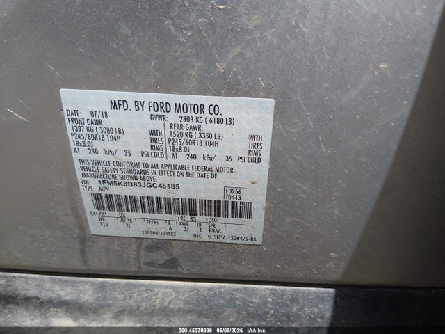 2018 Ford Explorer მანქანა იყიდება აუქციონზე, vin: 1FM5K8B83JGC45185, აუქციონის ნომერი: 45079296