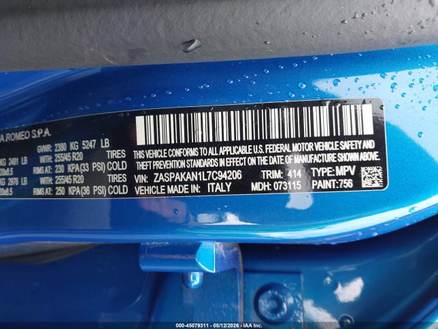 2020 Alfa Romeo Stelvio Sport Awd მანქანა იყიდება აუქციონზე, vin: ZASPAKAN1L7C94206, აუქციონის ნომერი: 45079311