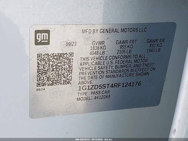 2024 Chevrolet Malibu Fwd 1lt მანქანა იყიდება აუქციონზე, vin: 1G1ZD5ST4RF124176, აუქციონის ნომერი: 45079315