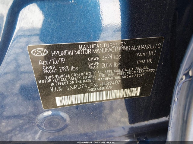 Aukcja sprzedaży 2019 Hyundai Elantra Se, vin: 5NPD74LF3KH489407, numer aukcji: 45079323
