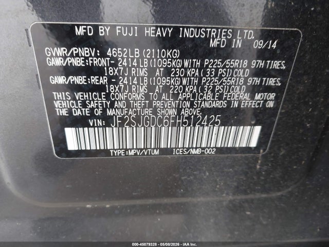 Продажа на аукционе авто 2015 Subaru Forester 2.0xt Premium, vin: JF2SJGDC6FH512425, номер лота: 45079328