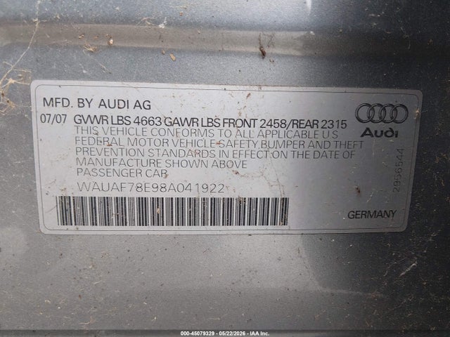 Aukcja sprzedaży 2008 Audi A4 2.0t, vin: WAUAF78E98A041922, numer aukcji: 45079329