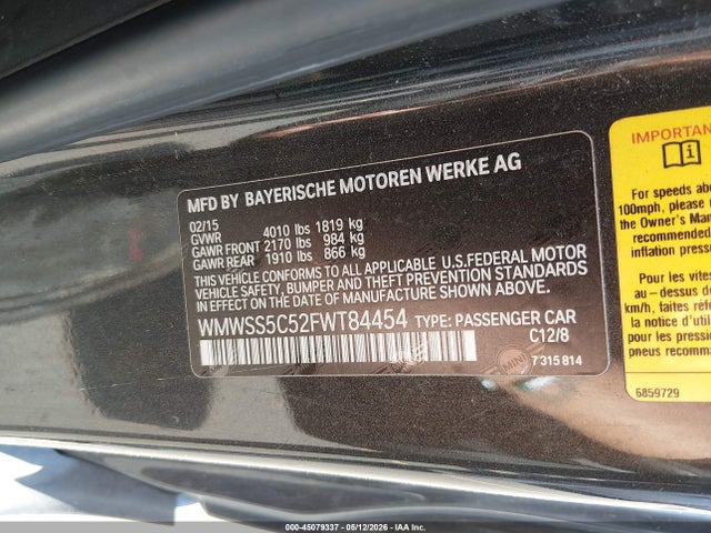 2015 Mini Paceman Cooper S მანქანა იყიდება აუქციონზე, vin: WMWSS5C52FWT84454, აუქციონის ნომერი: 45079337