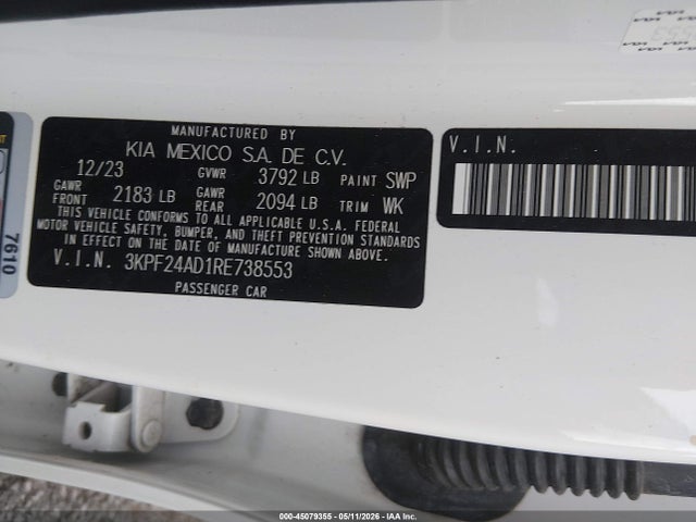 Продажа на аукционе авто 2024 Kia Forte Lxs, vin: 3KPF24AD1RE738553, номер лота: 45079355
