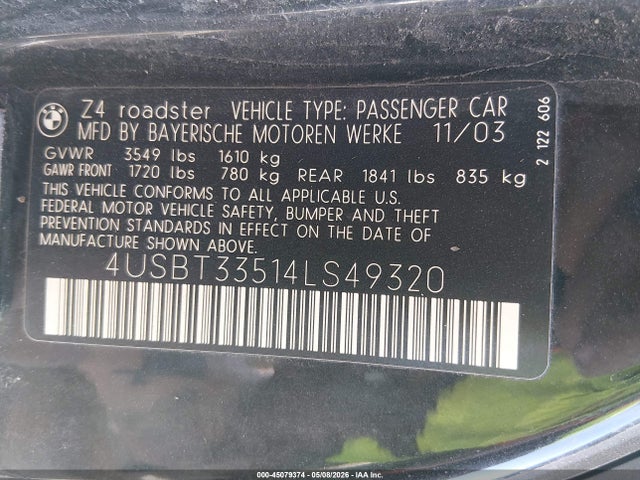 2004 Bmw Z4 2.5i მანქანა იყიდება აუქციონზე, vin: 4USBT33514LS49320, აუქციონის ნომერი: 45079374