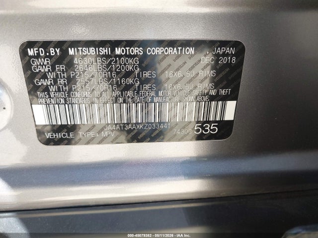 Продаж на аукціоні авто 2019 Mitsubishi Eclipse Cross Es, vin: JA4AT3AAXKZ033441, номер лоту: 45079382