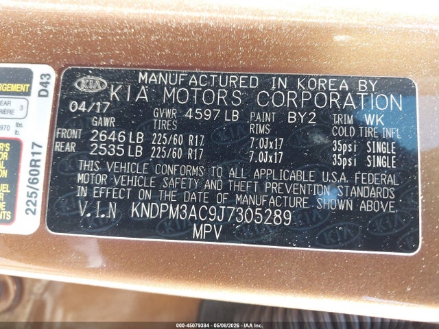 45079384 :رقم المزاد ، KNDPM3AC9J7305289 vin ، 2018 Kia Sportage Lx مزاد بيع