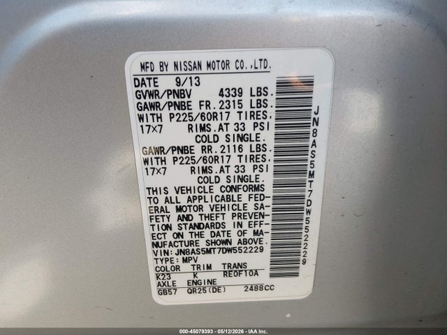 Продажа на аукционе авто 2013 Nissan Rogue Sv, vin: JN8AS5MT7DW552229, номер лота: 45079393