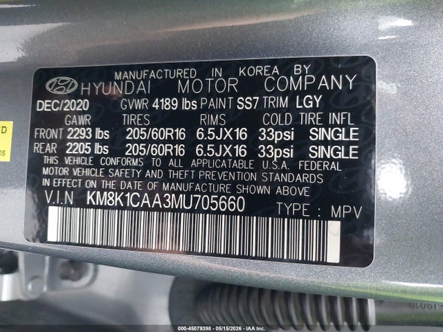 Hyundai Kona Se 2021 KM8K1CAA3MU705660 Image 9