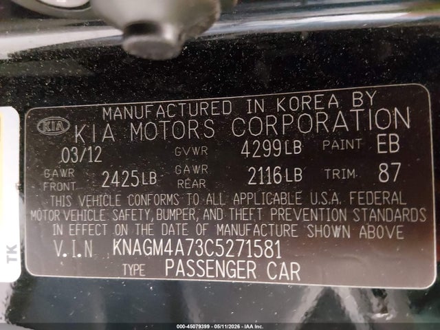 Auction sale of the 2012 Kia Optima Lx, vin: KNAGM4A73C5271581, lot number: 45079399