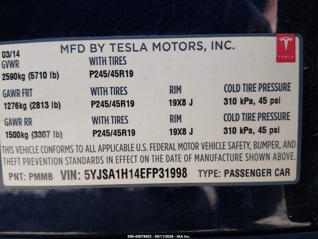 45079402 :رقم المزاد ، 5YJSA1H14EFP31998 vin ، 2014 Tesla Model S P85 مزاد بيع