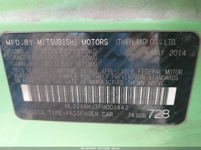 2015 Mitsubishi Mirage Es/rf მანქანა იყიდება აუქციონზე, vin: ML32A4HJ3FH001442, აუქციონის ნომერი: 45079405