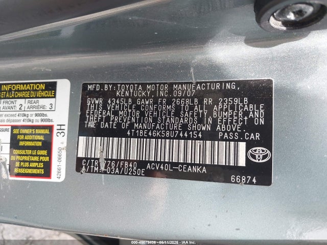 45079406 :رقم المزاد ، 4T1BE46K58U744154 vin ، 2008 Toyota Camry Le مزاد بيع