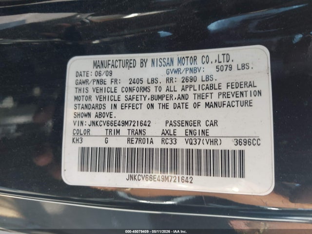 2009 Infiniti G37 მანქანა იყიდება აუქციონზე, vin: JNKCV66E49M721642, აუქციონის ნომერი: 45079409