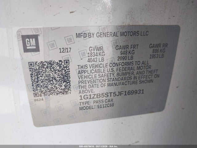 2018 Chevrolet Malibu 1ls მანქანა იყიდება აუქციონზე, vin: 1G1ZB5ST5JF169931, აუქციონის ნომერი: 45079416