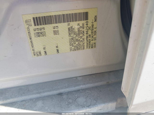 2011 Nissan Maxima 3.5 Sv მანქანა იყიდება აუქციონზე, vin: 1N4AA5AP9BC862540, აუქციონის ნომერი: 45079419