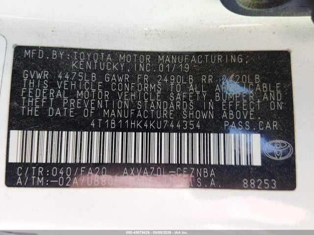2019 Toyota Camry Le მანქანა იყიდება აუქციონზე, vin: 4T1B11HK4KU744354, აუქციონის ნომერი: 45079426