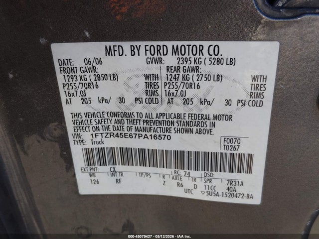 Продажа на аукционе авто 2007 Ford Ranger Fx4 Level Ii/fx4 Off-road/sport/xlt, vin: 1FTZR45E67PA16570, номер лота: 45079427